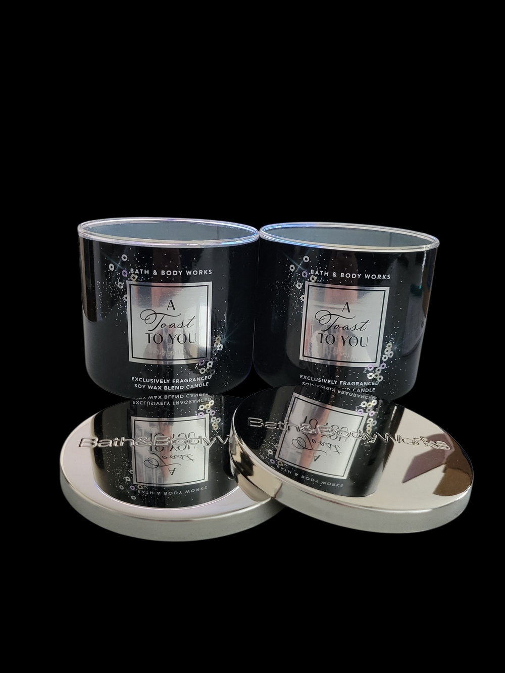2pc Bath & Body Works 3-Wick Black & Silver 'A Toast To You' Candles - NEW!